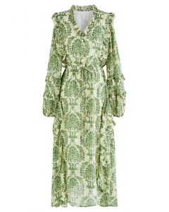 فستان شيفون أنيق مكشكش مزين بالورود ورباط على الخصر باللون الأخضر