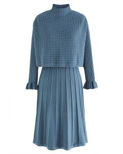 فستان توينسيت محبوك بياقة زخرفية بطيات باللون الأزرق المخضر