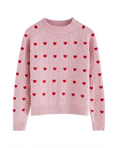 Full of Hearts Embroidered Emboss Knit Crop Sweater in Pink