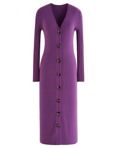 V-Neck Button Down Knit Midi Dress in Purple