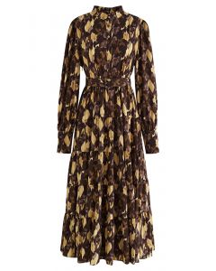 Withered Leaves Self-Tie Frilling Midi Dress