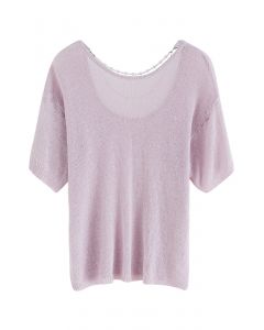 Pearl Necklace Short Sleeve Knit Top in Lilac