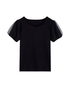 Square Neck Mesh Bubble Sleeves Top in Black
