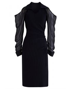 Sheer Sleeve Cold-Shoulder Bodycon Knit Dress in Black