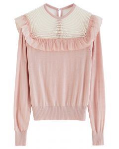 Pearly Neck Ruffle Knit Top in Pink