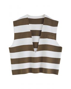 V-Neck Striped Knit Vest in Khaki