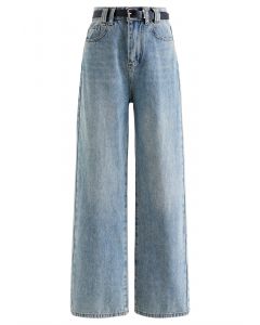 Distressed Straight-Leg Belted Jeans in Blue