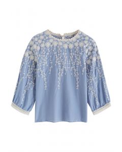 Clover Branch Embroidered Dolly Top in Blue