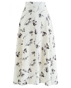 Tulip Print Satin Maxi Skirt in White
