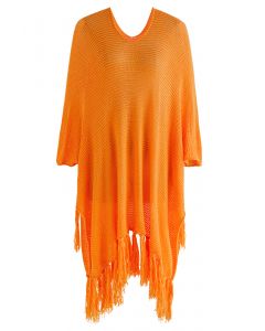 Fringed Hem Pointelle Knit Cover Up in Orange
