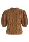 Bubble Sleeve Braided Ribbed Sweater in Tan