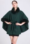 Self-Tie Bowknot Faux Fur Poncho in Dark Green