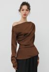Asymmetric Ruched Satin Long Sleeve Top in Brown
