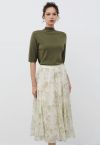 Branch Print Pleated Mesh Midi Skirt in Green