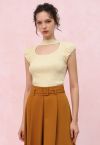 Choker Neck Ruched Cap Sleeves Knit Top in Light Yellow