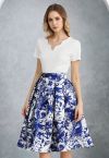 Tropical Groove Jacquard Pleated Midi Skirt in Navy