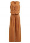 Linen-Blend Button Down Vest and Pants Set in Pumpkin