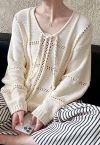 Hollow Out Tie-Neck Knit Top in Cream