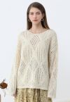 Diamond Pattern Hollow Fuzzy Knit Sweater in Cream