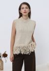 Intriguing Fringed Mock Neck Sleeveless Knit Top