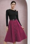 Vintage-Inspired Button Trim Pleated Midi Skirt in Berry