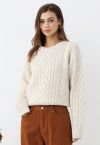 Hug-Me Cable Knit Crewneck Sweater in Ivory