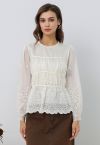 Eyelet Embroidery Peplum Long-Sleeve Top