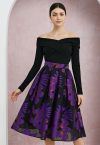 Enticing Floral Jacquard Pleated Organza Midi Skirt in Purple