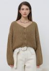 Hand-Knit Drop-Shoulder Buttoned Crop Cardigan in Khaki