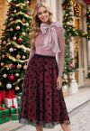 Falling Snowflake Mesh Tulle Midi Skirt in Burgundy