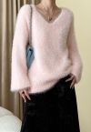 Fluffy V-Neck Knit Sweater in Light Pink