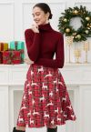 Festive Reindeer Plaid Flare Midi Skirt