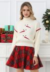 Playful Snowman Embroidery Turtleneck Waffle Knit Sweater