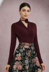 Faux-Wrap Ruched Top with Choker in Burgundy