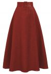 Metallic Embossed Belted A-Line Maxi Skirt in Red