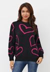 Lovable Heart Crew Neck Knit Sweater in Black