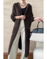 Fluffy Open Front Hooded Longline Knit Cardigan in Brown