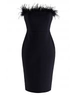 Feather Trim Bodycon Tube Cocktail Dress in Black