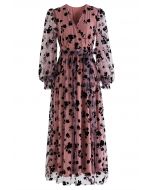 3D Posy Mesh Wrap Maxi Dress in Pink