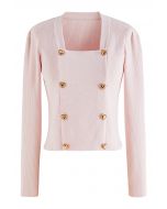 Heart-Shape Buttons Square Neck Knit Top in Light Pink