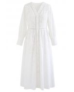 فستان متوسط الطول مطرز بفتحات تطريز أبيض سادة