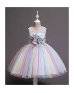 فستان أميرة شبكي بألوان الباستيل ثلاثي الأبعاد باللون الأبيض للأطفال