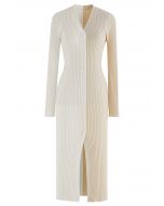 Button Down Two-Tone Spliced Bodycon Knit Dress in Cream