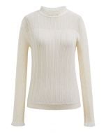 Ruffled Mock Neck Mesh Spliced Long Sleeve Knit Top in Ivory