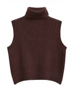 Solid Turtleneck Knit Vest in Brown