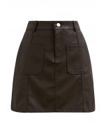 Patch Pocket Faux Leather Mini Skirt in Brown