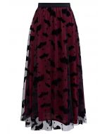 Velvet Bats Mesh Tulle Midi Skirt in Burgundy