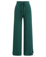 Drawstring Waist Side Slit Knit Pants in Dark Green