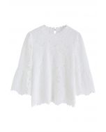 Fancy Flower Cutwork Flare Sleeves Top in White