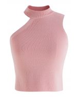 Asymmetric Halter Neck Knit Crop Top in Pink